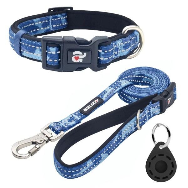 Azuza Best Reflective Dog Collar and Leash Set with Airtag