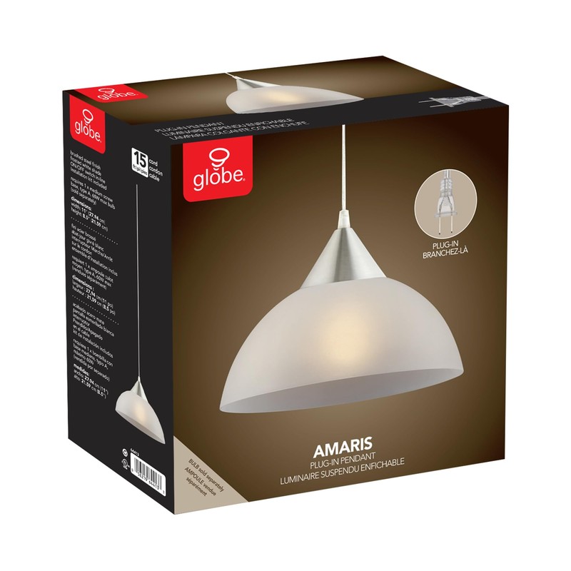 GLOBE Electric 64413 1-Light Plug-in Pendant, Brushed Steel, Frosted White