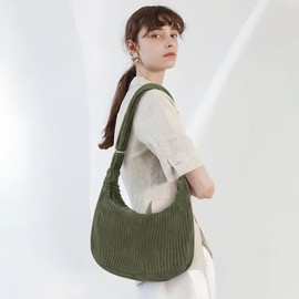 LOTEZAVA Corduroy Tote Bag Cute Crossbody Bag for Women Small Shoulder Handbags Adjustable Straps Zipper (Green)