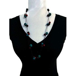 Tagua Nut Necklace Extra Long in Turquoise Blue and Red TAG633. Blue and Red Tagua Necklace and Earrings, Organic Necklace, Eco Friendly Jewelry