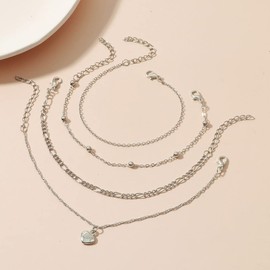 JUSTUSNX 4pcs Layered Adjustable Anklet Silver Heart Shaped Pendant Ankle Bracelet Beach Summer Foot Jewelry Chain for Women and Girls