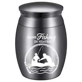 CREATCABIN Mini Cremation Urns for Human Ashes Small Keepsake Urns Sharing Funeral Burial Jar Stainless Steel Memorial Ashes Holder for Human Pet 1.18×1.57in(Black)-Gone Fishing In Heaven