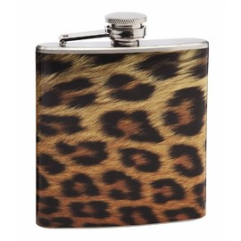 6oz Hip Flask - Leopard Pattern Print Design - Pocket Size, Stainless Steel, Leak Proof, Screw-On Cap - Brown and Black Wrapped Vinyl Finish