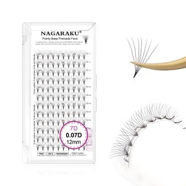 NAGARAKU 7D Prefabricated Fan Eyelashes, 120 Fans Volume, Premade Fans Tuft, Stems, Narrow Thin Lace Base, Natural, Fluffy Ready Fans Russian Black Lash, 12 Rows (0.07 D 12 mm)