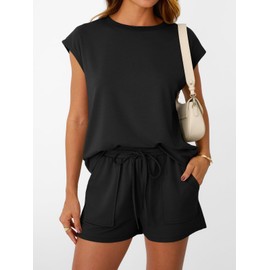 LILLUSORY Womens Lounge Two 2 piece Sets Summer Outfits 2025 Loungewear Matching Vacation Beach Travel Sweatsuits Sweat Tracksuits Pajamas Pjs Clothes Shorts Clothing Fashion Trendy Black S