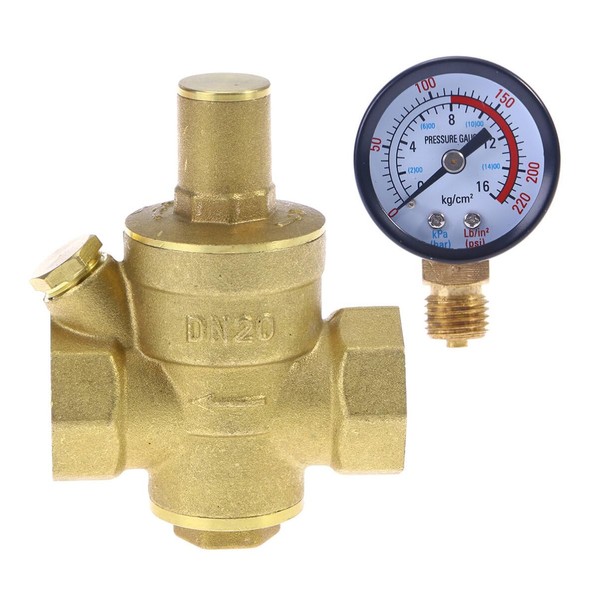 UKCOCO DN20 Brass Pressure Reducing Valve-Heavy-Duty Adjustable Water Pressure Regulator with Water Pressure Gauge