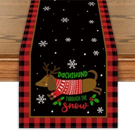 Dachshund Christmas Table Runner Christmas Dog Table Cover Buffalo Plaid Christmas Decor Dachshund New Year Xmas Decor Christmas Decorations for Home Party
