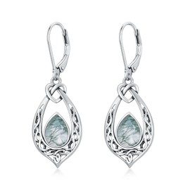 Moss Agate Earrings 925 Sterling Silver Oxidized Celtic Knot Vintage Dangle Drop Leverback Earrings Birthday Jewelry Gifts for Women