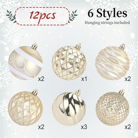 SHareconn 80mm Christmas Baubles,12PCS Colored Shatterproof Plastic Decorative Hanging Tree Decorations Baubles Set for Xmas Tree Decor Holiday Party Wedding Decoration with lanyard,Gold & White