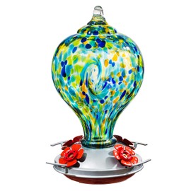 LaElvish Garden Hummingbird Feeders for Outdoors Hanging, 32OZ Hand Blown Glass Hummingbird Feeder for Outside, 4 Perch Ant Moat Leakproof, Garden Decor, Backyard Bird Gifts for Mom (Blue)