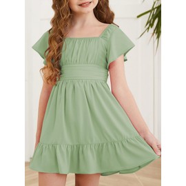 blibean Girls Summer Tie Back Dress Tween Kids Casual Boho Cold Shoulder Cute Dresses Ruffle Party Outfit Short Sleeve Tulle Vestidos Niñas Size 14 15 16 Years Old Light Green