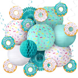 19 Pcs Donut Birthday Party Decorations, 6 Pcs Donut Lanterns Sprinkle Hanging Paper Lanterns, Honeycomb Ball, 2 Pcs Party Paper Fans, 10 Pcs Donut Hanging Swirl for Baby Shower Ice Cream Party (Blue)