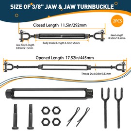 hannger 2 Pack 3/8" Turnbuckle Heavy Duty Black Jaw and Jaw Turnbuckle, 1200 Lbs Working Load Limit, Durable Turnbuckles for Cables Wire Rope Tension, Anti Sag Gate Kit, Fence Deck, Sun Shade Tent