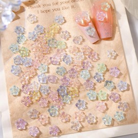 50pcs Flower Nail Art Charms 3D Ice Flowers Nail Rhinestones Five-Petal Floral Nail Gems Colorful Flower Nail Diamonds Summer Nail Jewelry Tiny Flowers Nail Design for Women Nail Supplies