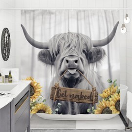 DESIHOM Western Highland Cow Shower Curtain Set 72" x 72" with Hooks, Funny Farm Cattle Farmhouse Rustic Bull Bathroom Decor, Fun Sunflower Get Naked Wildlife Animal Bath Accessories Polyester Fabric