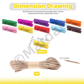 Mardatt 101Pcs Mini Wooden Clothespins with 10M/32 Feet Natural Twine, Colorful Clothes Pins Wooden Clips Paper Peg Pin Craft Clips for Crafts Photo Picture Hanging(Colorful)