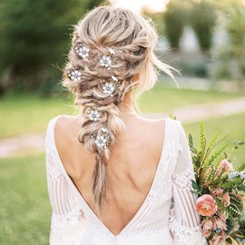 6 PCS Bridal Flower Wedding Hair Pins Crystal Pearl Hair Clips Headpiece Gold Wedding Hair Accessories Jewelry with Rhinestone for Brides Bridesmaids Women Girls Updo (Pure White Flower)