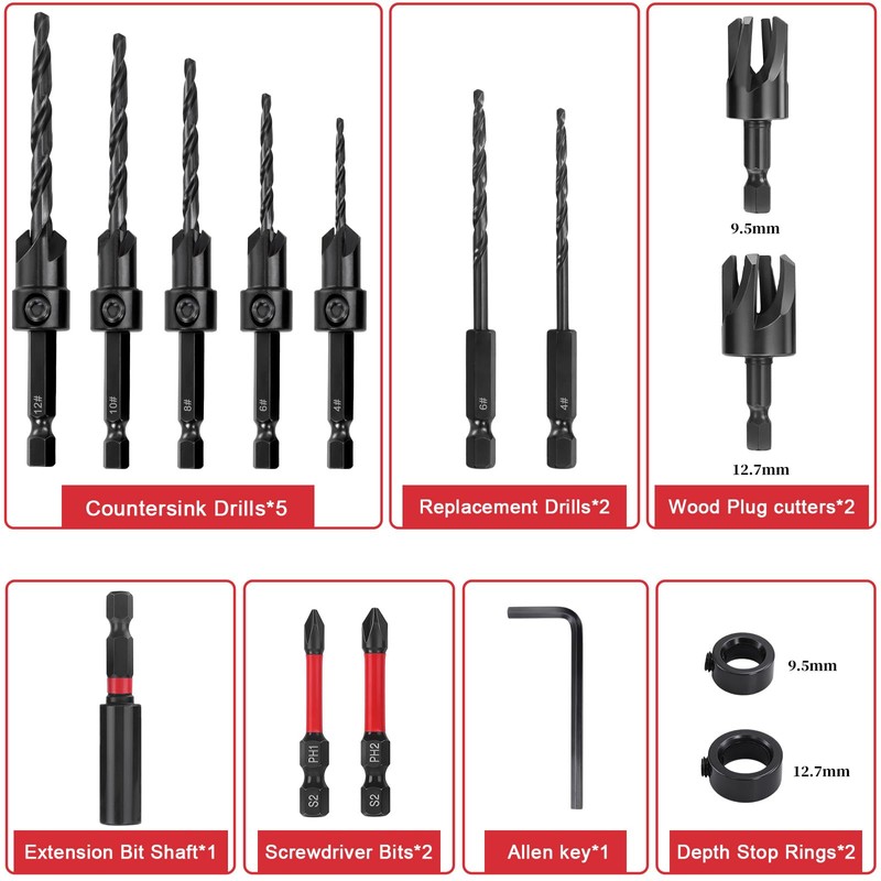 Doaho 15 Pcs Countersink Drill Bit Set,Tapered Counter Sink Bits