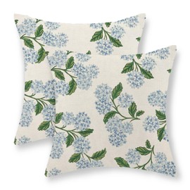 JEFERSO Blue Hydrangea Floral Pillow Covers 18x18 Set of 2 Spring Summer Floral Decorative Pillow Cases Rustic Flowers Decor Throw Pillows Holiday Outdoor Linen Farmhouse Cushion Case for Couch Sofa