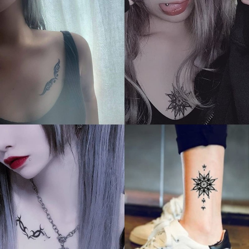 tuzuru Temporary Tattoos, 30 Stickers, Skulls, Tribal, Feathers, Hearts, Writing,