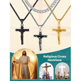 Supcare Crucifix Cross Necklace, Stainless Steel Christian Religious Cross Jewellery for Men, Double Layered Cross Chain 18"+2"