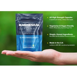 Magnesium Glycinate 1,000mg (per Serving - 2 Capsules) Ideal Strength & High Bioavailability - 60 Vegan Capsules UK Made