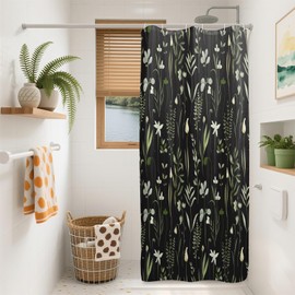 Ttincceer Herbaceous Plant Shower Curtain, Green Plants Herb Floral Bathroom Curtain, Black Botanical Shower Curtain Set with 6 Hooks for Bathroom, 36Wx72L inch