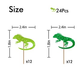 24PCS Chameleon Cupcake Toppers, Cold-blooded Animal Party Cupcake Toppers, Pet Birthday Dessert Picks, Reptile Animal Party Decoration - Green Glitter