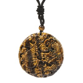 Justinstones Carved Natural Yellow Tiger Eye Gemstone Dragon Phenix Flatback Round Pendant Amulet Necklace 18 to 28 Inch