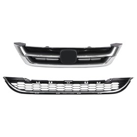 YLT AUTO Front Bumper Upper & Lower Grille Grill Fit for 2010-2011 Honda CRV CR-V Silvery+Black Hood Mesh Chrome Radiator Grille Replacement for 71121-SWN-H11 71123-SWN-H11