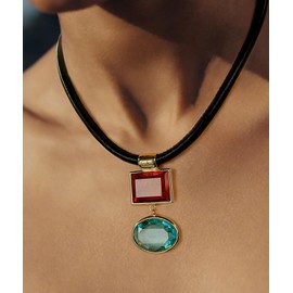 TOVABA Boho Necklaces for Women Vintage Black Leather Cord Choker with Big Red Glass Pendant Chunky Large Colorful Pendant Necklace Statement Jewelry