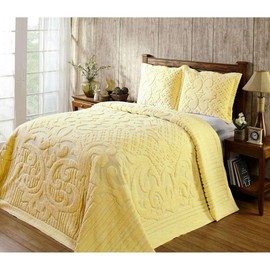 HNU 1 Piece Oversized Yellow Chenille Bedspread Elegant Solid Color Western Tufted Floral Medallion Motif 81 X 110 Bedspreads Twin 100 Percent Cotton Old Fashioned Traditional Extra Long Bedding
