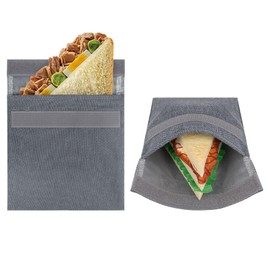 Linkidea 2 Pcs Reusable Snack Bag, Recycled Hook and Loop Packs Pouch for Adult, Leak-Proof Pack It Snack Bag Fits Snacks, Sandwich (Grey)