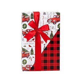 Rustic Pearl Collection VINTAGE RED TRUCK WITH RED BUFFALO PLAID CHRISTMAS TREE WRAPPING PAPER ROLL, 24" x 20 FT REVERSIBLE GIFT WRAP (PLAID ON BACK)