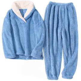 HEEKPEK Women's Fluffy Loungewear - Warm Fleece Pajamas Sets Soft Comfy Fuzzy Lounge Sets Winter Casual Long Sleeve Sleepwear(Blue,L)