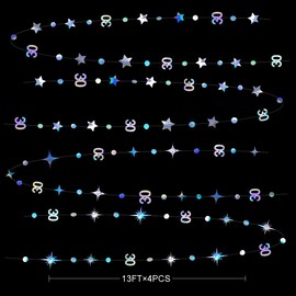 Iridescent 30th Polka Dot Star Garland Streamer Holographic 30 Sign Hanging Bunting Backdrop Banner for Women Men Thirty Birthday Happy Dirty 30 Year Old 30th Anniversary Party Decorations Supplies