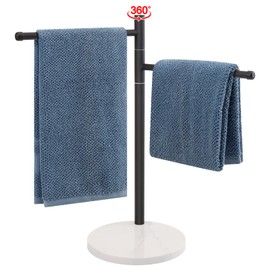 BathAce Hand Towel Holder, F-Shape Hand Towel Stand with Marble Base, Stainless Steel Swivel Stand Hand Towel Rack Free-Standing Towel Bar for Bathroom Kitchen Countertop, 2 Arms (Matte Black)