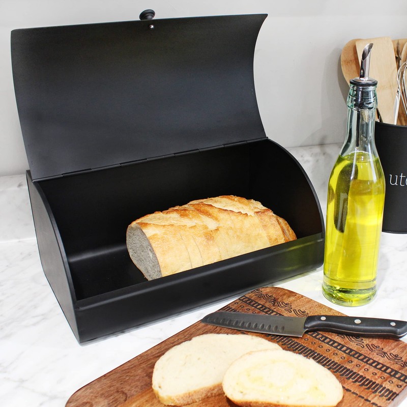 AuldHome Farmhouse Black Bread Box; Retro Vintage Style Enamel Countertop