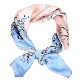 CaySep Women Silk Scarfs Small Square Scarf 27" x 27" - Print Peachblossom Scarf Lightweight Neckerchief Headscarf for Trave