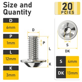Valorada M6 Bolts, M6 x 12mm Flanged Button Head Socket Cap Screw Bolts, Allen Socket Drive, Stainless Steel 304, Full Thread, with Hex Spanner, Pack of 20