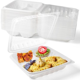 YANGRUI To Go Containers, Reusable Anti-Fog Shrink Wrap 25 Pack 8 x 8 Inch 34 OZ White Plastic Meal Prep Container BPA Free Microwave Freezer Safe 3 Compartment Clamshell Take Out Containers
