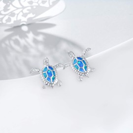 WINNICACA Sea Turtle Earrings Sterling Silver Turtle Jewelry Created Blue Opal Ocean Stud Earrings for Women Sea Turtle Gifts for Birthday