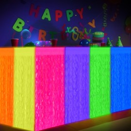 Tingjoo 4 Pcs Glow in The Dark Party Wavy Metallic Tinsel Foil Fringe Table Skirts Glow in The Dark Neon Party Decorations UV Black Light Neon Table Skirt Decor for Birthday Bridal Shower Wedding