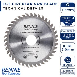 Rennie Tools - 115mm Circular Saw Blade TCT Wood Cutter Blade. 40 Teeth (40T) Carbide Tipped Saws for Woodworking Wood Cutting 7/8 inch (22.23mm) Bore + 20mm and 16mm Reduction Rings.