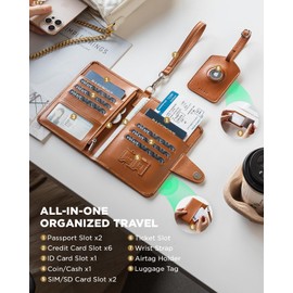 VULKIT Airtag Passport Holder for Travel, RFID Blocking Travel Wallet, Passport Cover for Family with Luggage Tag & Wrist Strap, Holds ID Card, 6+ Cards, Tickets, Cash, Coin, Brown, Family 4 persons
