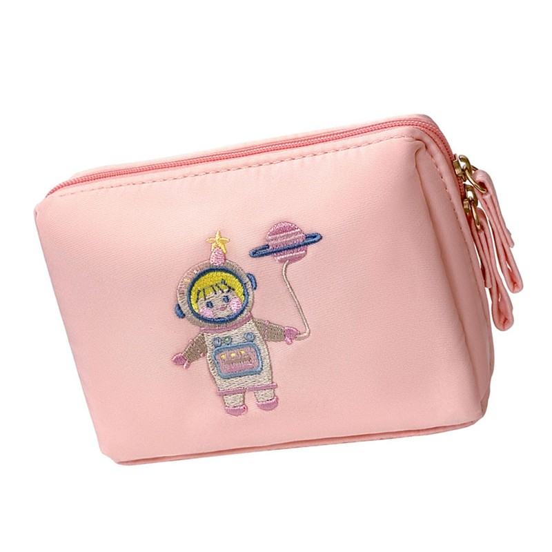 Spaceman Embroidered Mini Makeup Bag Zipper Closure Multi Compartment Travel