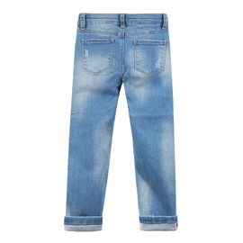 KIDSCOOL SPACE Girls Jeans,Ripped Holes Pink Sequin Stars Fashion Denim Pants,Light Blue,5-6 Years