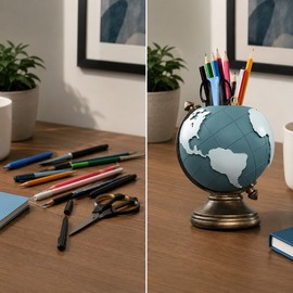 Globe Pen Holder for Desk Organization - Decorative Resin Stationery Organizer for Office, Study & Home Workspace