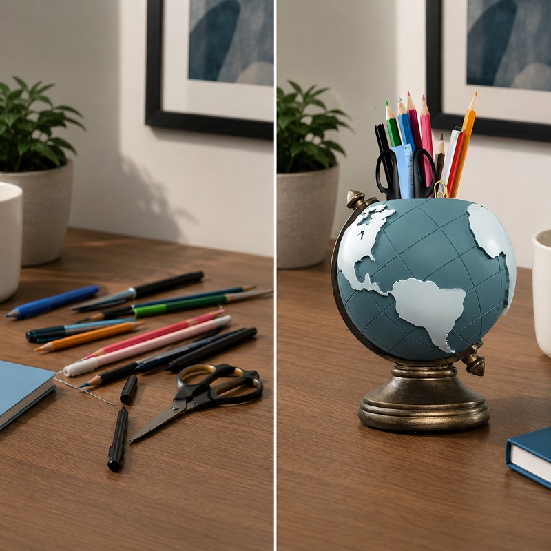 Globe Pen Holder for Desk Organization - Decorative Resin Stationery