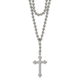 Real Stainless Steel Cross Crystal Two Bead Chain Necklace - with Secure Lobster Lock Clasp 16"